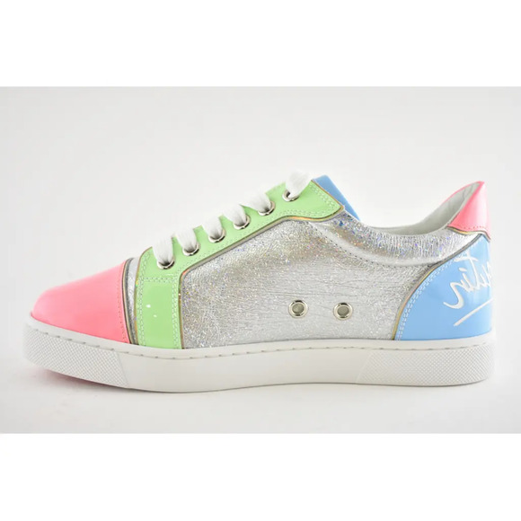 Christian Louboutin Fun Vieira Flat Patent Pink Silver Blue Low Top Sneaker 38.5 - Picture 8 of 12